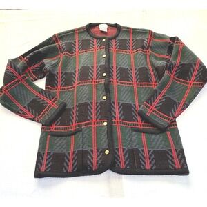 Vintage Liz Baker Large Tall Plaid Sweater Cardigan 90s Preppy